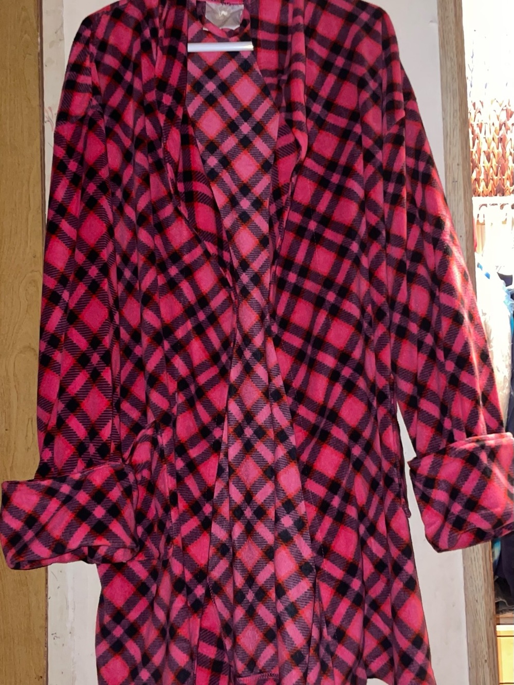 Women’s Pink and Black Plaid Open-Front Trench Coat